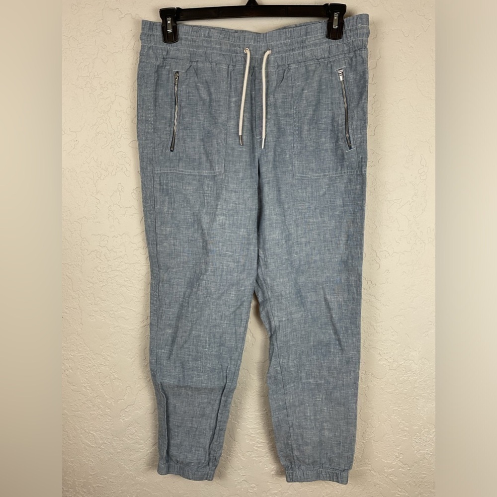 Women’s Athleta Chambray Blue 100% Linen Jogger Pant Size 12 Elastic Waist